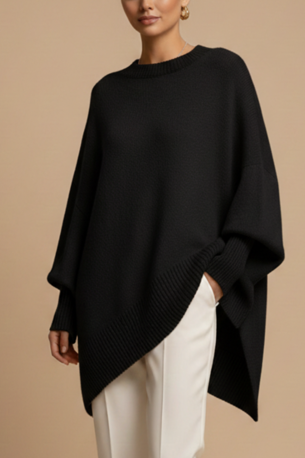 Women’s Oversized Sweater with Crew Neck Drop Shoulders and Ribbed Trim