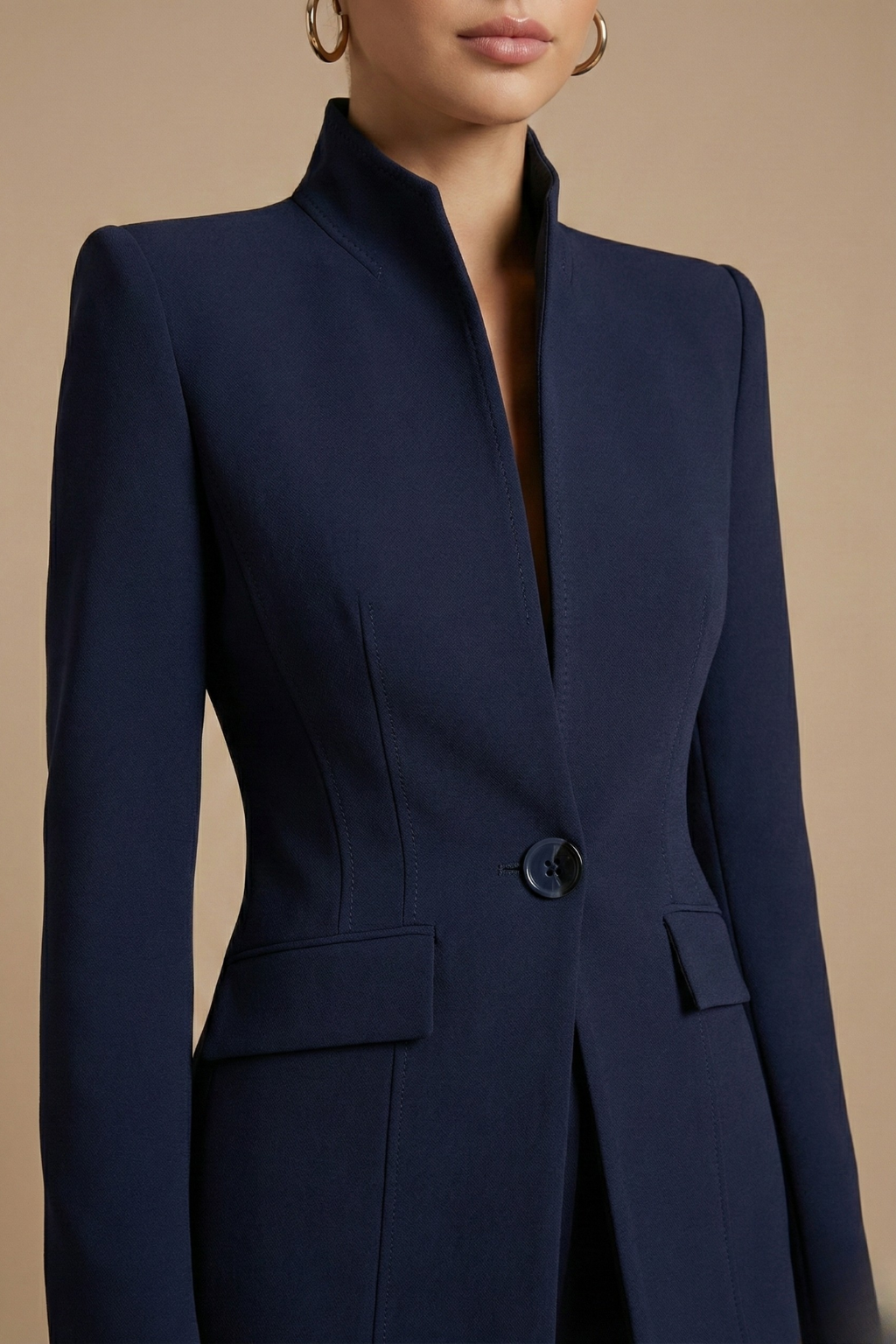 Two-Piece Suit Set - Sophisticated High-Collar Blazer & Wide-Leg Trousers Set