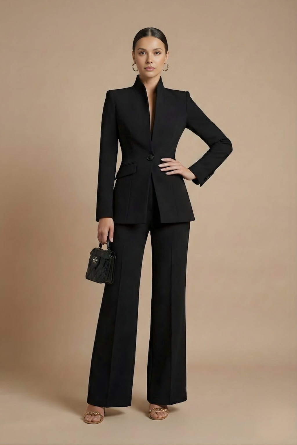 Two-Piece Suit Set - Sophisticated High-Collar Blazer & Wide-Leg Trousers Set