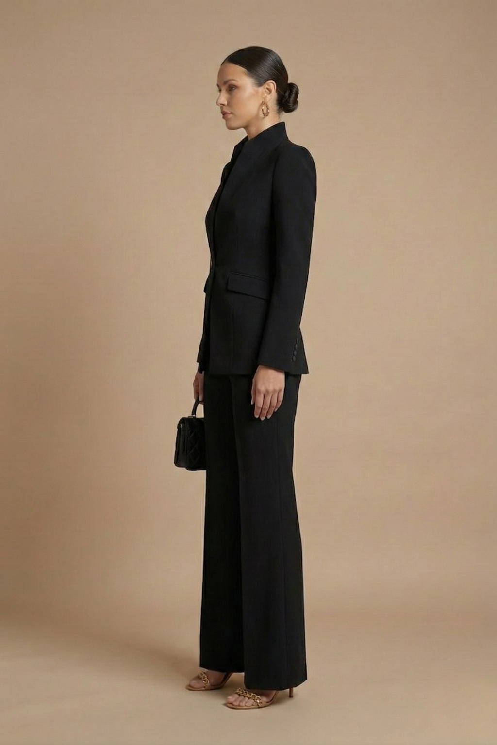 Two-Piece Suit Set - Sophisticated High-Collar Blazer & Wide-Leg Trousers Set