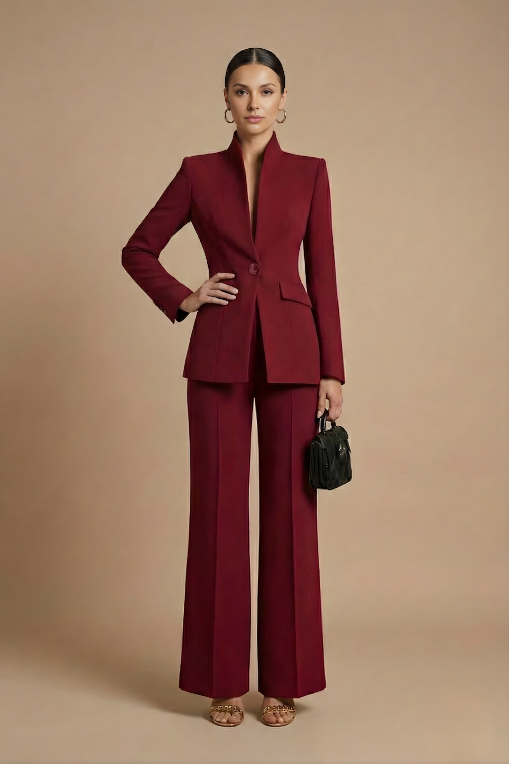 Two-Piece Suit Set - Sophisticated High-Collar Blazer & Wide-Leg Trousers Set