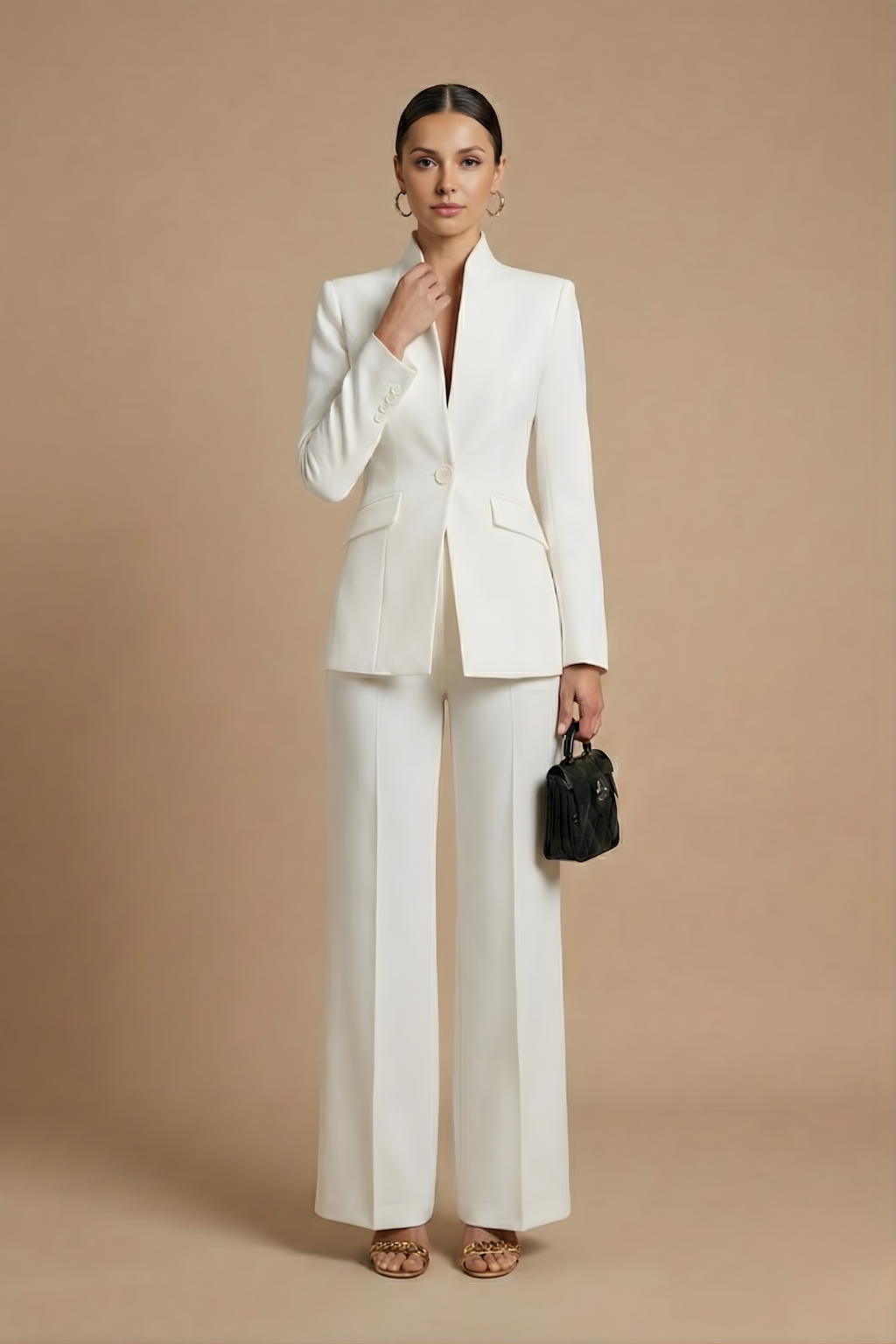 Two-Piece Suit Set - Sophisticated High-Collar Blazer & Wide-Leg Trousers Set