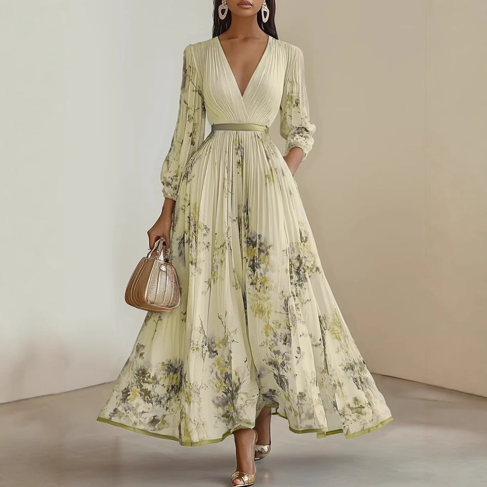 Women's Floral Maxi Dress V-Neck Long Sleeve Wrap Style