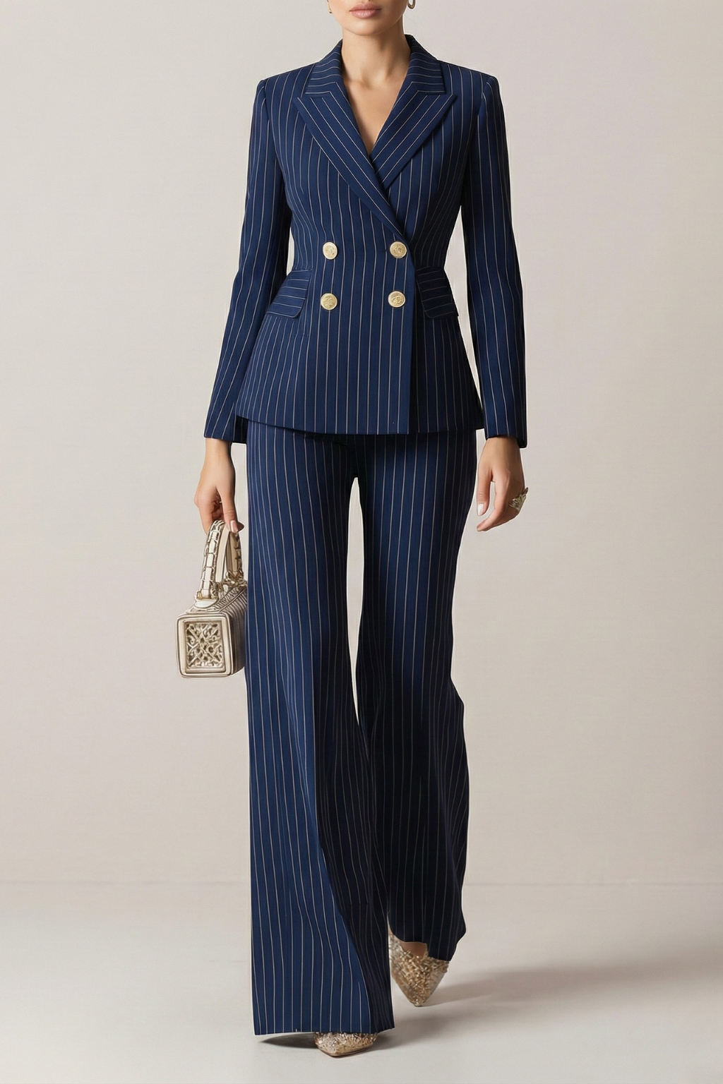 Women’s Navy Blue Pinstripe Double Breasted Suit Set with Tailored Blazer and Wide Leg Trousers