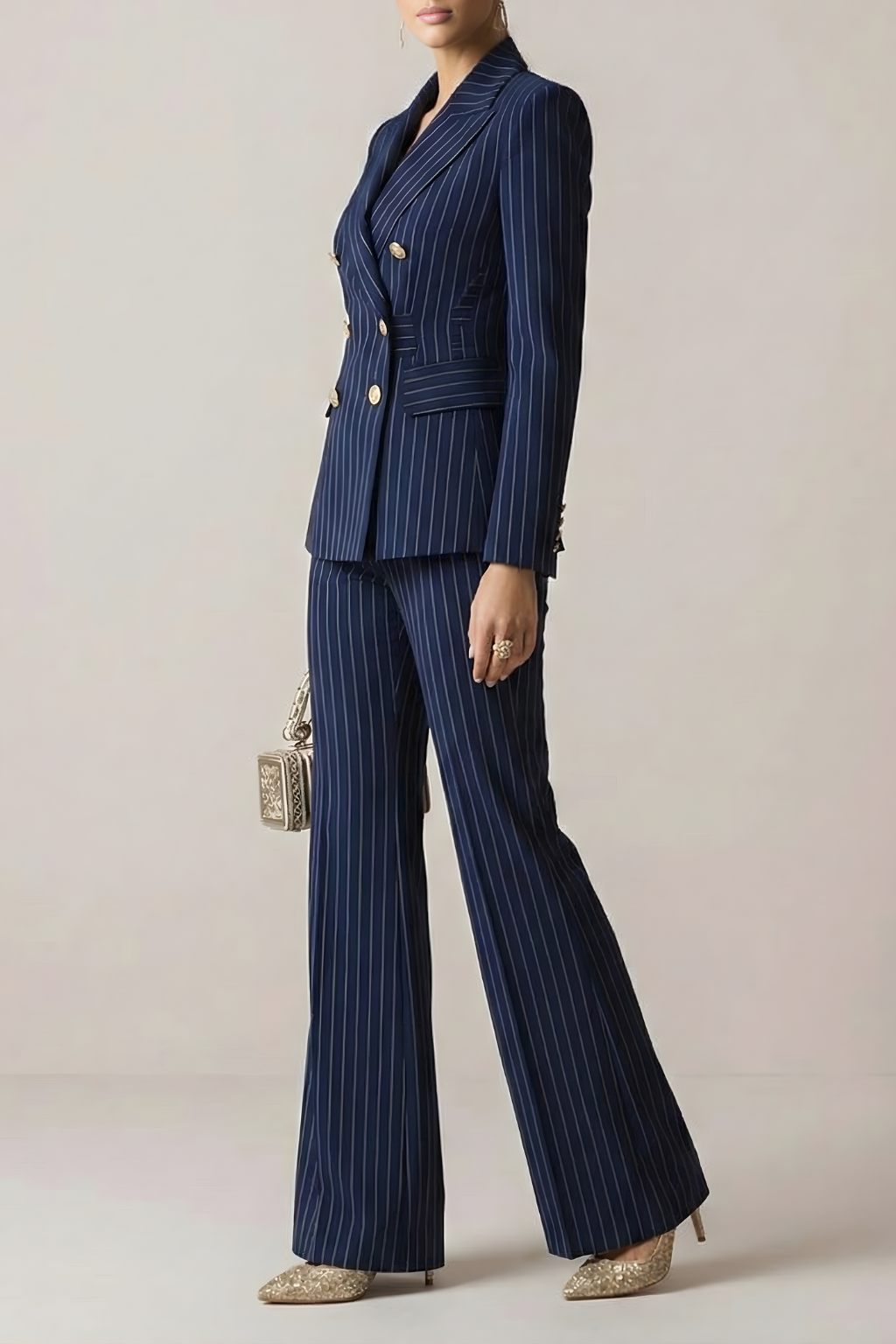 Women’s Navy Blue Pinstripe Double Breasted Suit Set with Tailored Blazer and Wide Leg Trousers