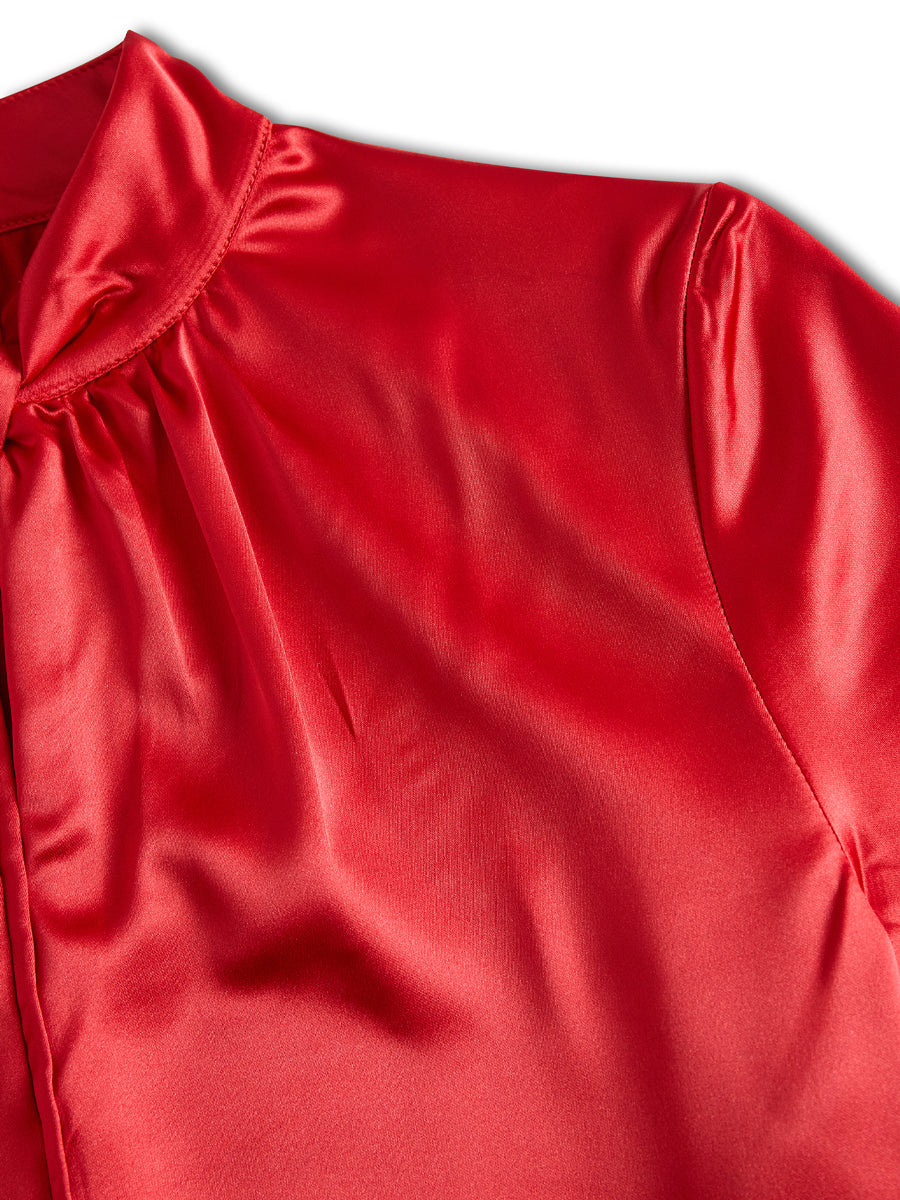 Women’s Satin Blouse with Modern Keyhole Neckline - Short Sleeves - Refined Work-to-Evening Top