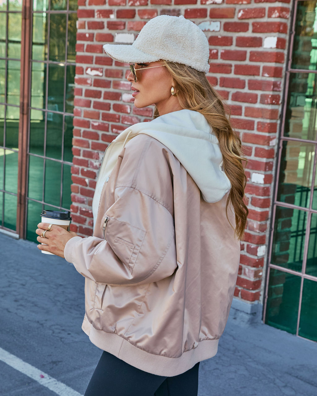 Beige % Campus Oversized Hooded Bomber Jacket-4