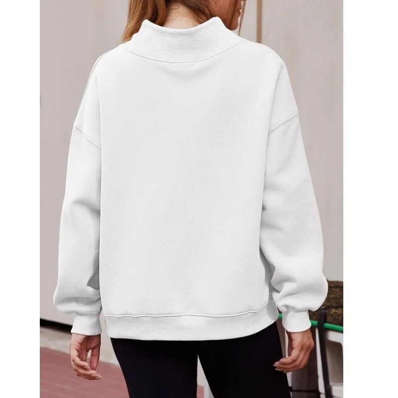 Women's Mock Neck Sweatshirt with Fleece Lining and Drop Shoulder Design, Asymmetric Slit