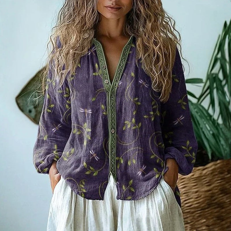 Button Down Shirt with Vintage Leaf Print and Breathable Weave, Draped Fit