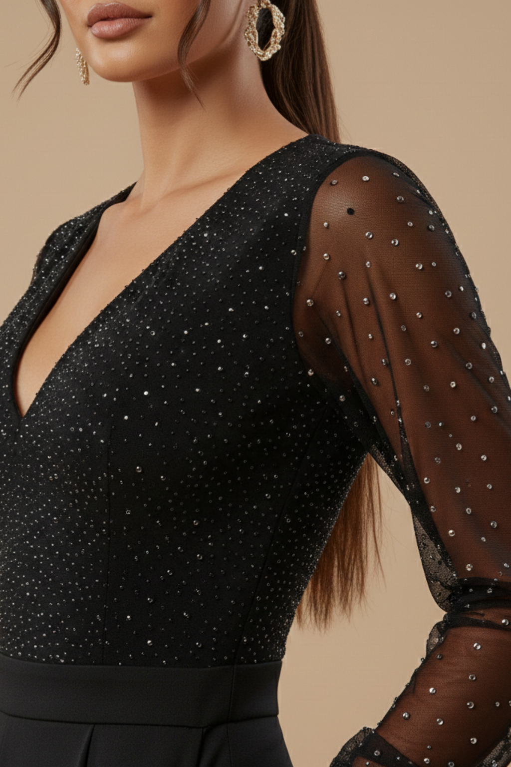 Women’s Elegant Jumpsuit - Long Sleeve V Neck Wide Leg Jumpsuit for Evening Wear