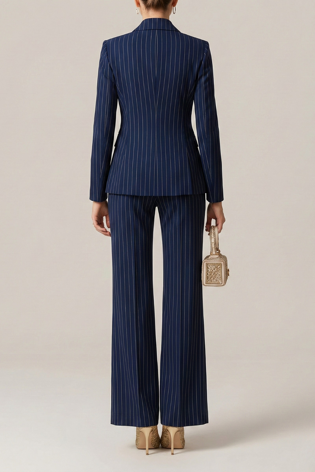 Women’s Navy Blue Pinstripe Double Breasted Suit Set with Tailored Blazer and Wide Leg Trousers