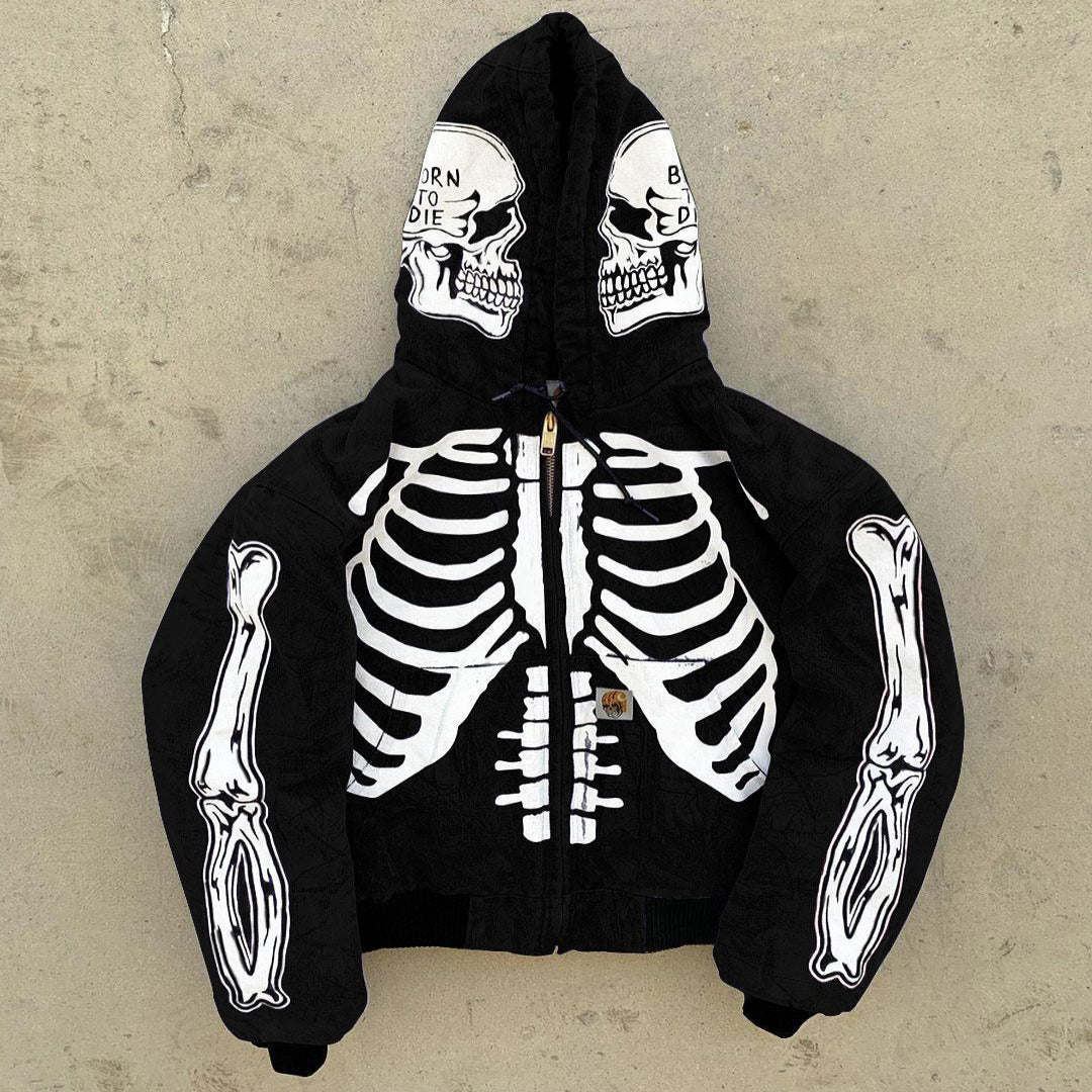 Men's Full Zip Skeleton Hoodie with Oversized Hood and Zippered Pockets, Polyester Fleece