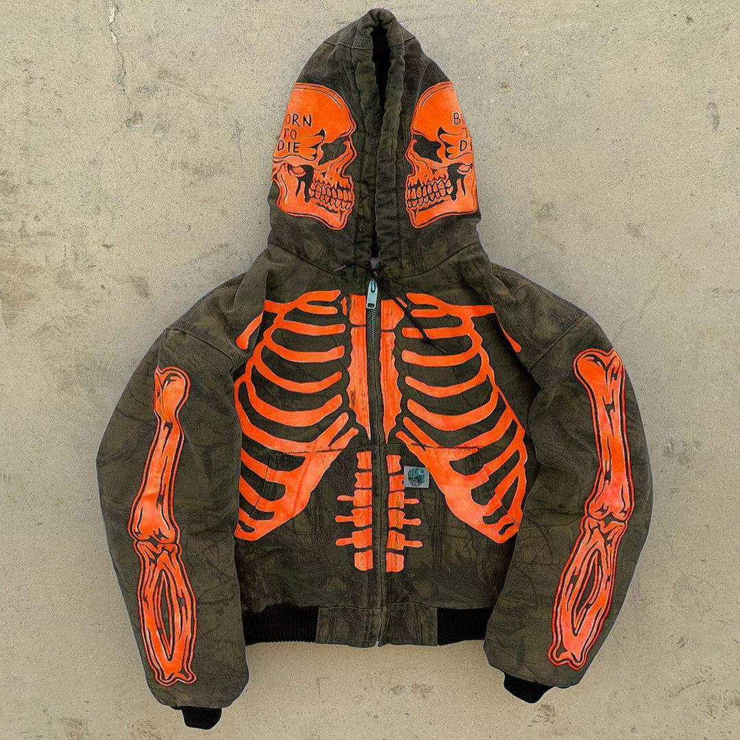 Men's Full Zip Skeleton Hoodie with Oversized Hood and Zippered Pockets, Polyester Fleece