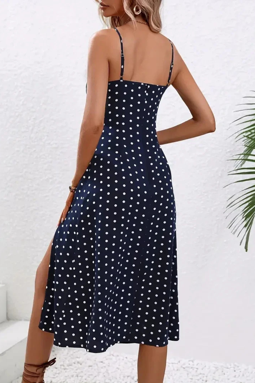 Women's Printed Polka Dots Slip Midi Dress - Spaghetti Strap - Side Slit