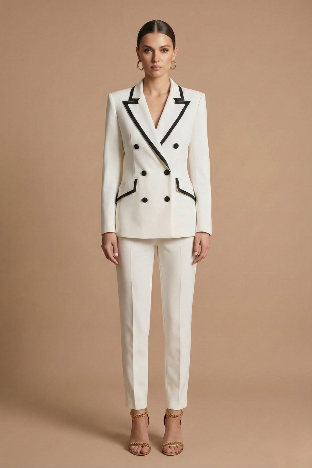 Women’s White Double Breasted Suit Set with Contrast Trim Tailored Blazer and Straight Leg Trousers - Elegant Formal Style