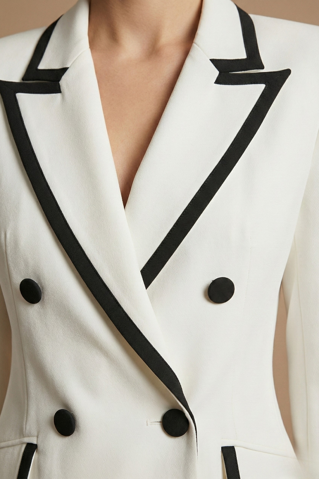 Women’s White Double Breasted Suit Set with Contrast Trim Tailored Blazer and Straight Leg Trousers - Elegant Formal Style