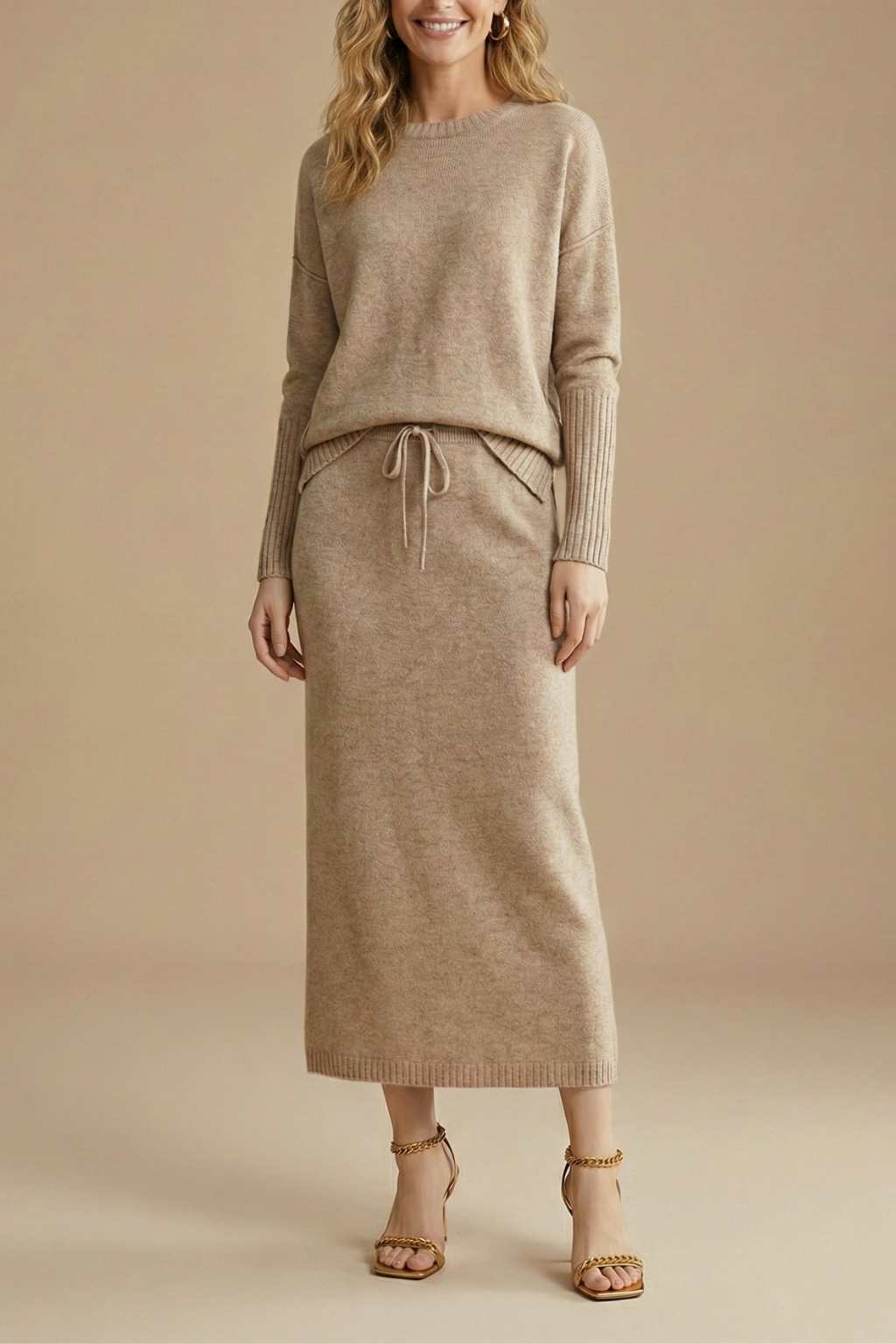 Damen Strick-Zweiteiler mit Langarm-Top und Midirock