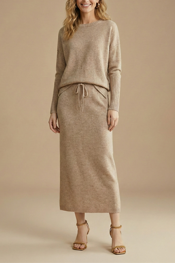 Damen Strick-Zweiteiler mit Langarm-Top und Midirock