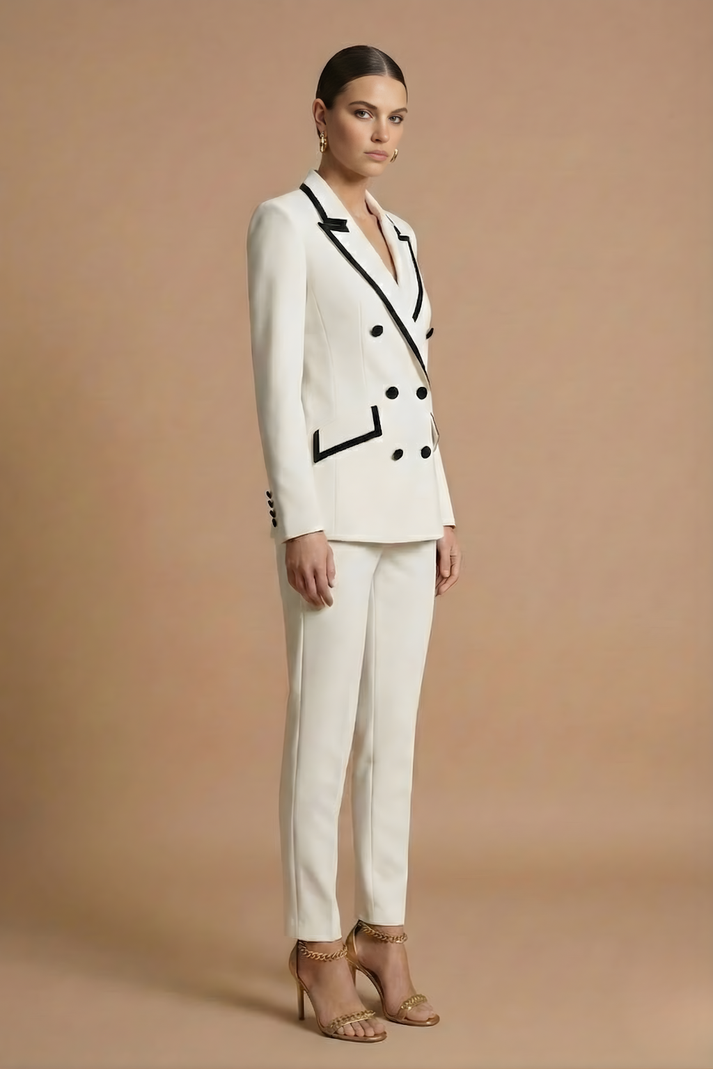 Women’s White Double Breasted Suit Set with Contrast Trim Tailored Blazer and Straight Leg Trousers - Elegant Formal Style