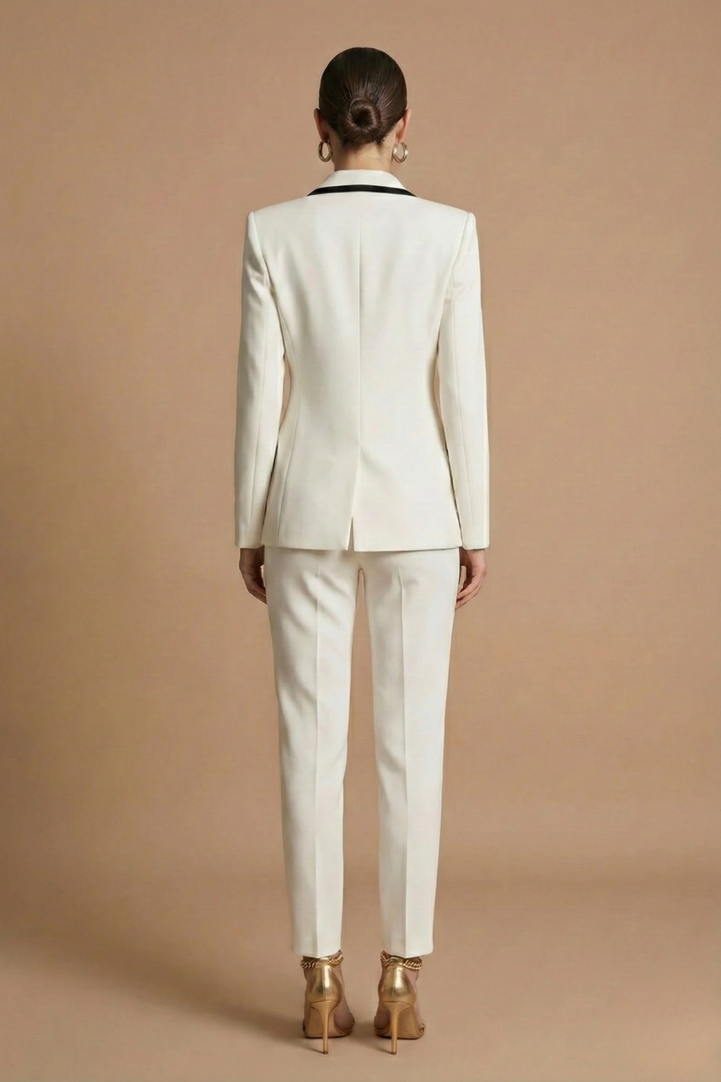 Women’s White Double Breasted Suit Set with Contrast Trim Tailored Blazer and Straight Leg Trousers - Elegant Formal Style
