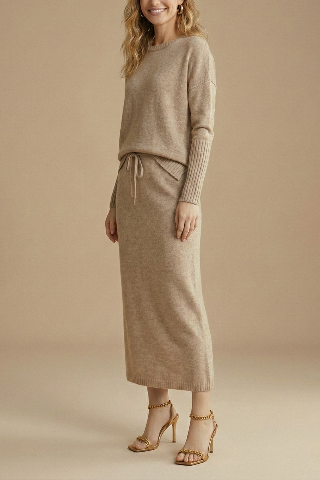 Damen Strick-Zweiteiler mit Langarm-Top und Midirock