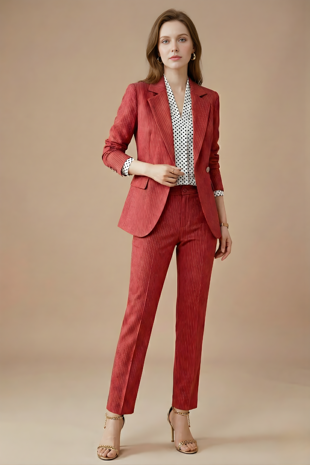 Women’s Double Breasted Textured Suit Set with Tailored Blazer and Slim Trousers Elegant Workwear Style