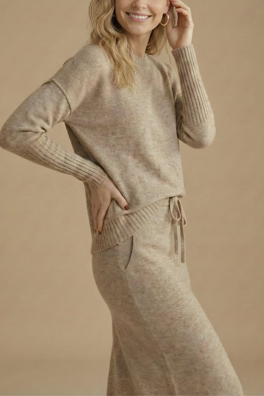 Damen Strick-Zweiteiler mit Langarm-Top und Midirock