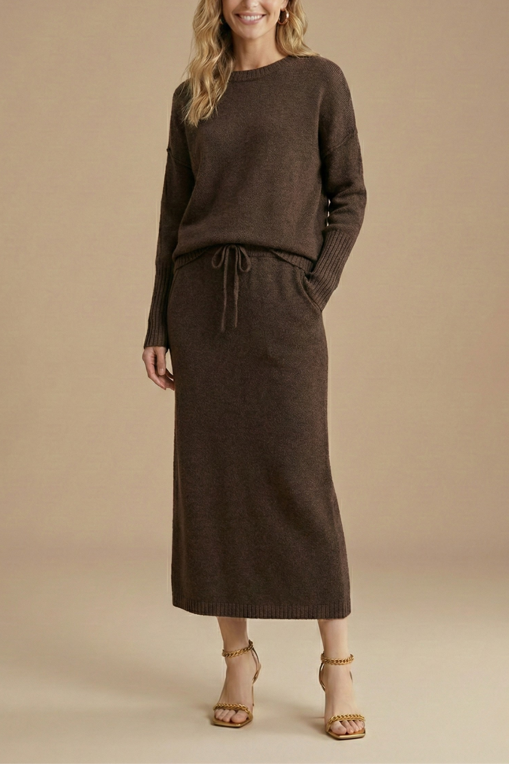 Damen Strick-Zweiteiler mit Langarm-Top und Midirock