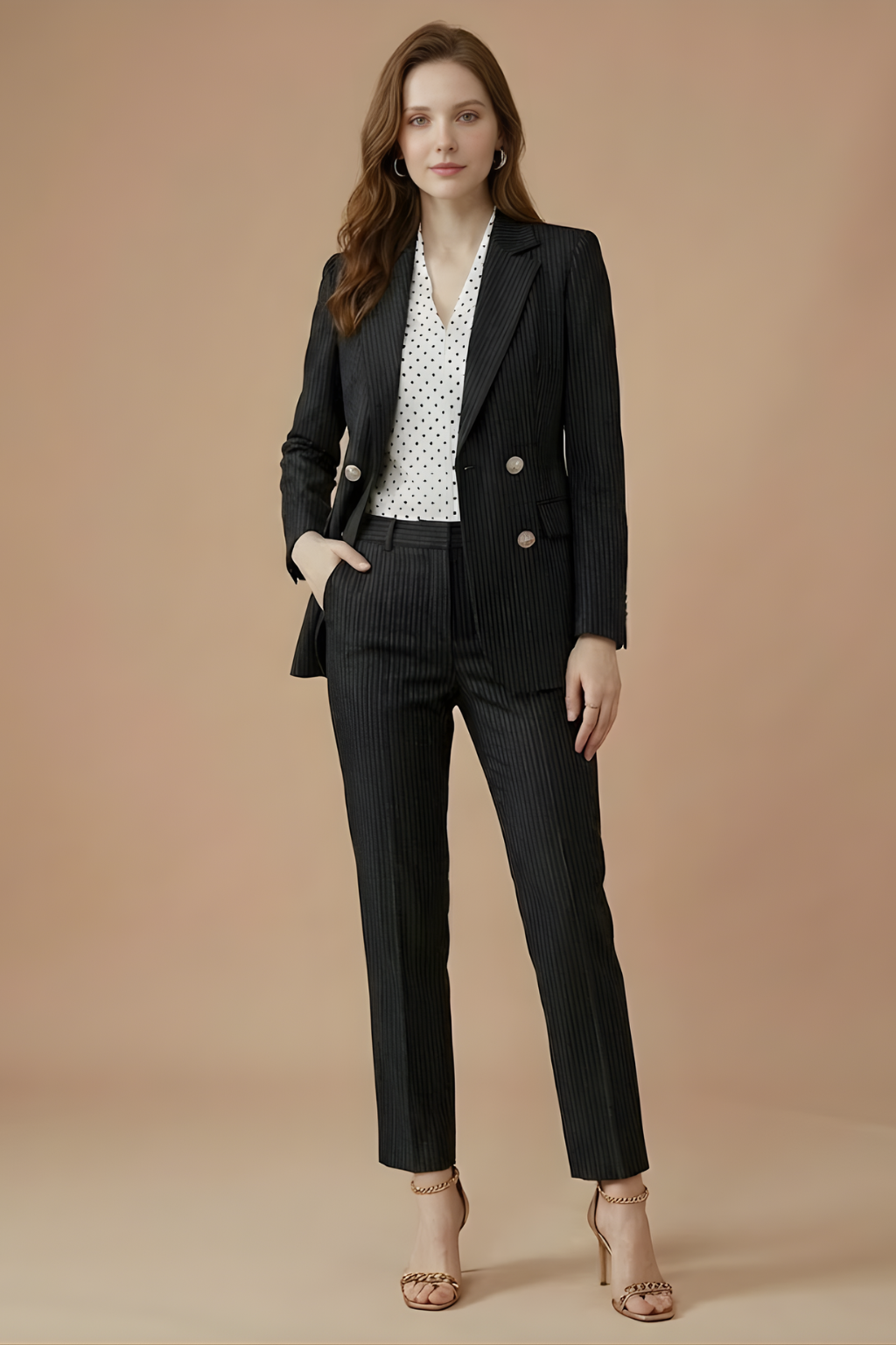 Women’s Double Breasted Textured Suit Set with Tailored Blazer and Slim Trousers Elegant Workwear Style