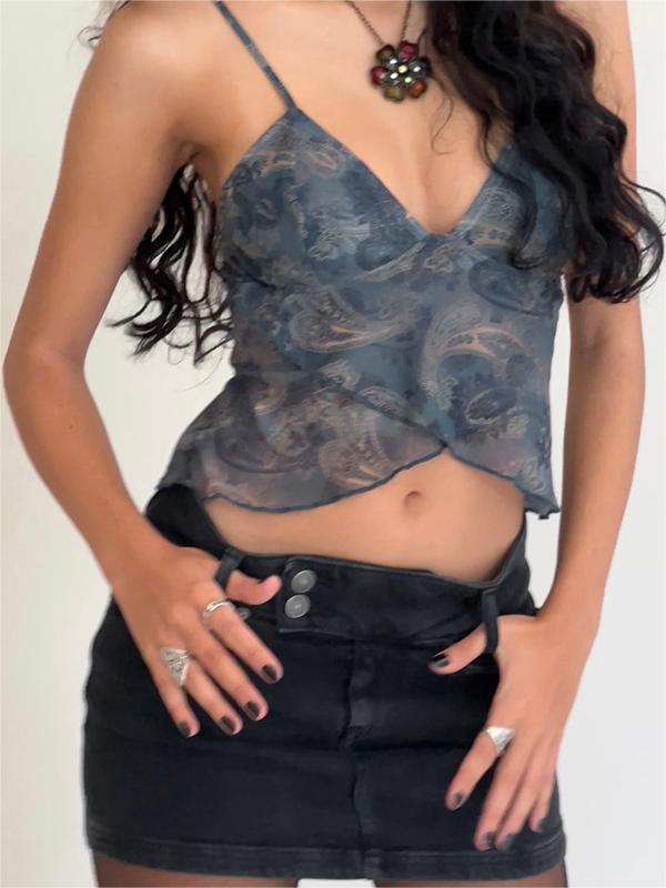 Women's Mesh Crop Top V-Neck Spaghetti Strap