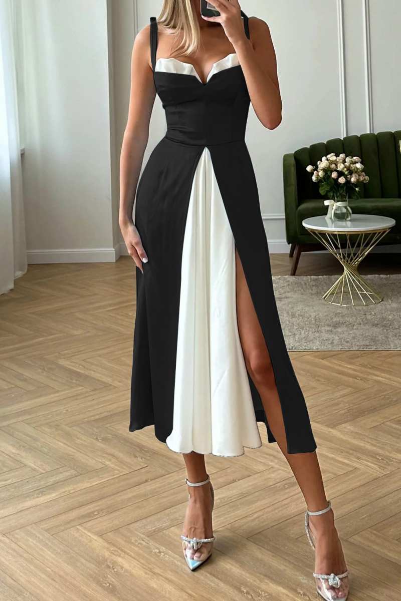 Women's Sleeveless Contrast Panel Side Slit Midi Dress