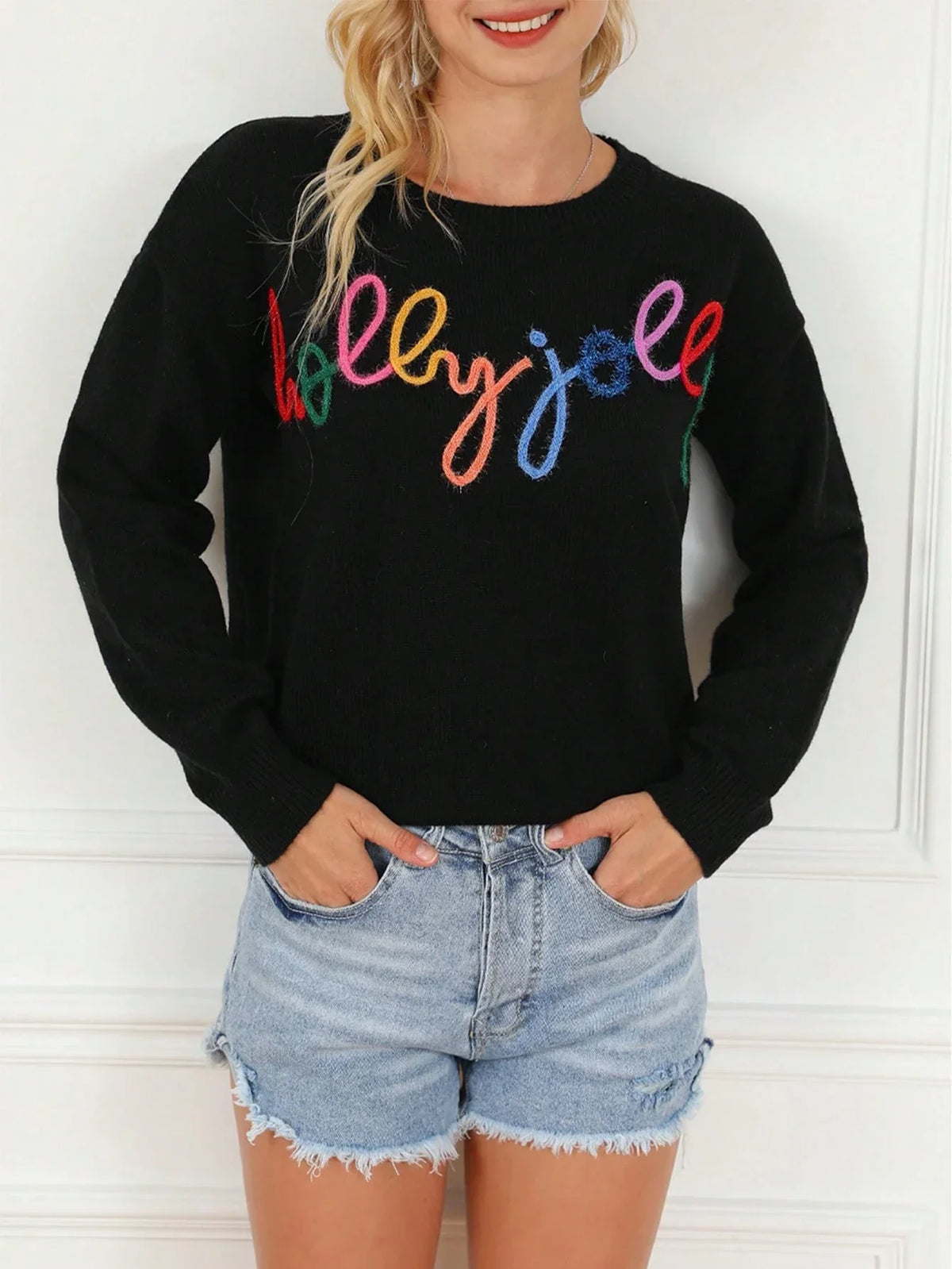 Black Rib Knit Pullover with Eyelet Embroidery and Drop Shoulder Sleeves