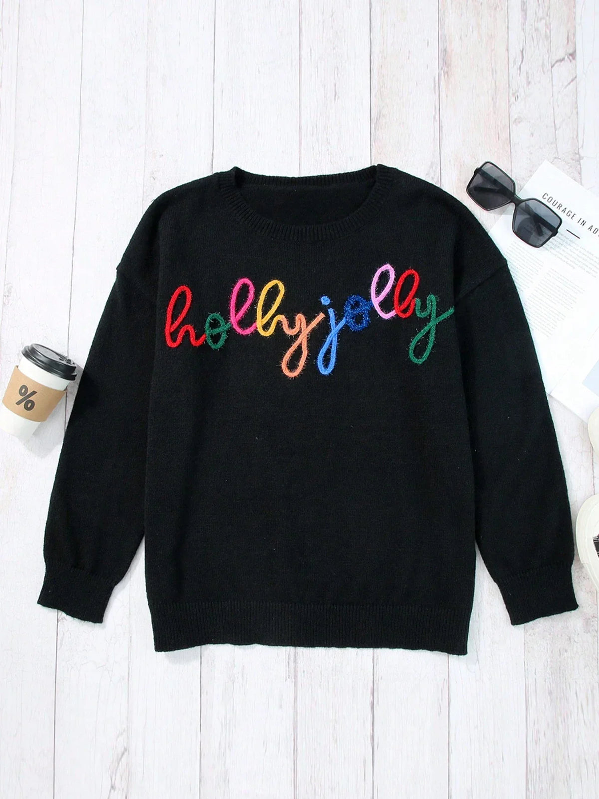 Black Rib Knit Pullover with Eyelet Embroidery and Drop Shoulder Sleeves