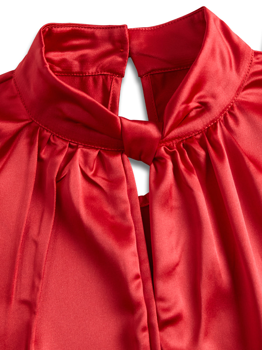 Women’s Satin Blouse with Modern Keyhole Neckline - Short Sleeves - Refined Work-to-Evening Top