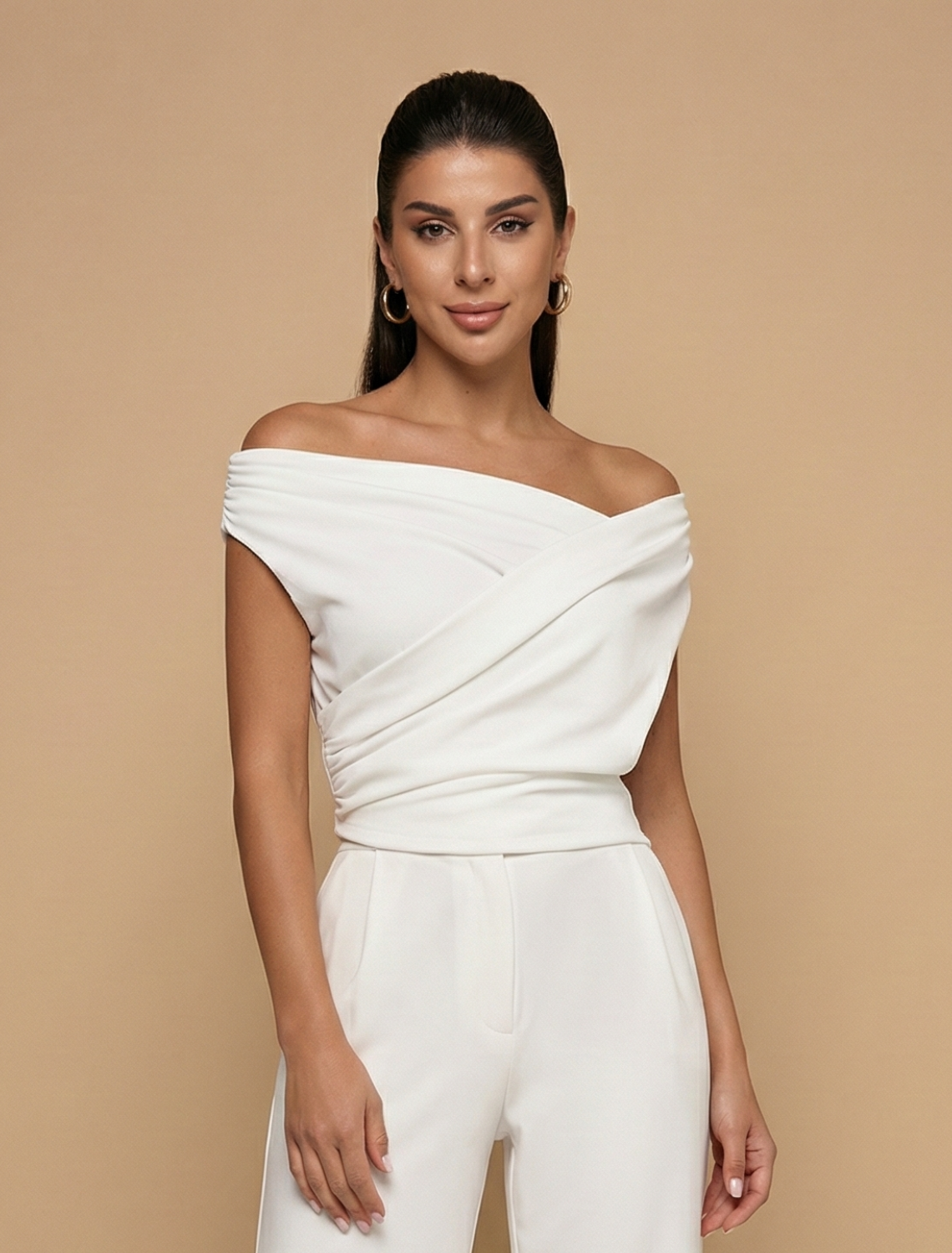 Women’s Draped Off-Shoulder Top - Sculpted Waist - Elegant Sleeveless Design - Refined Evening-to-Event Style