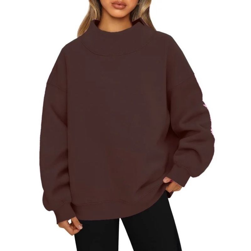 Women's Mock Neck Sweatshirt with Fleece Lining and Drop Shoulder Design, Asymmetric Slit