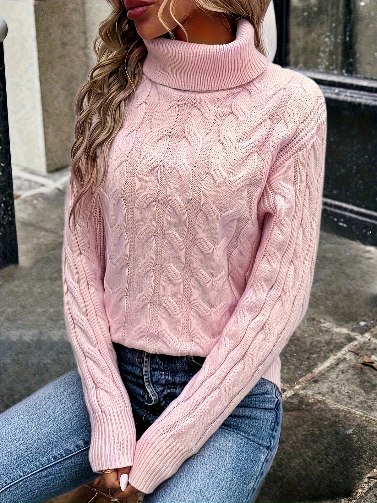 Turtleneck Sweater with Cable Knit Pattern and Relaxed Fit, Full Length Sleeves