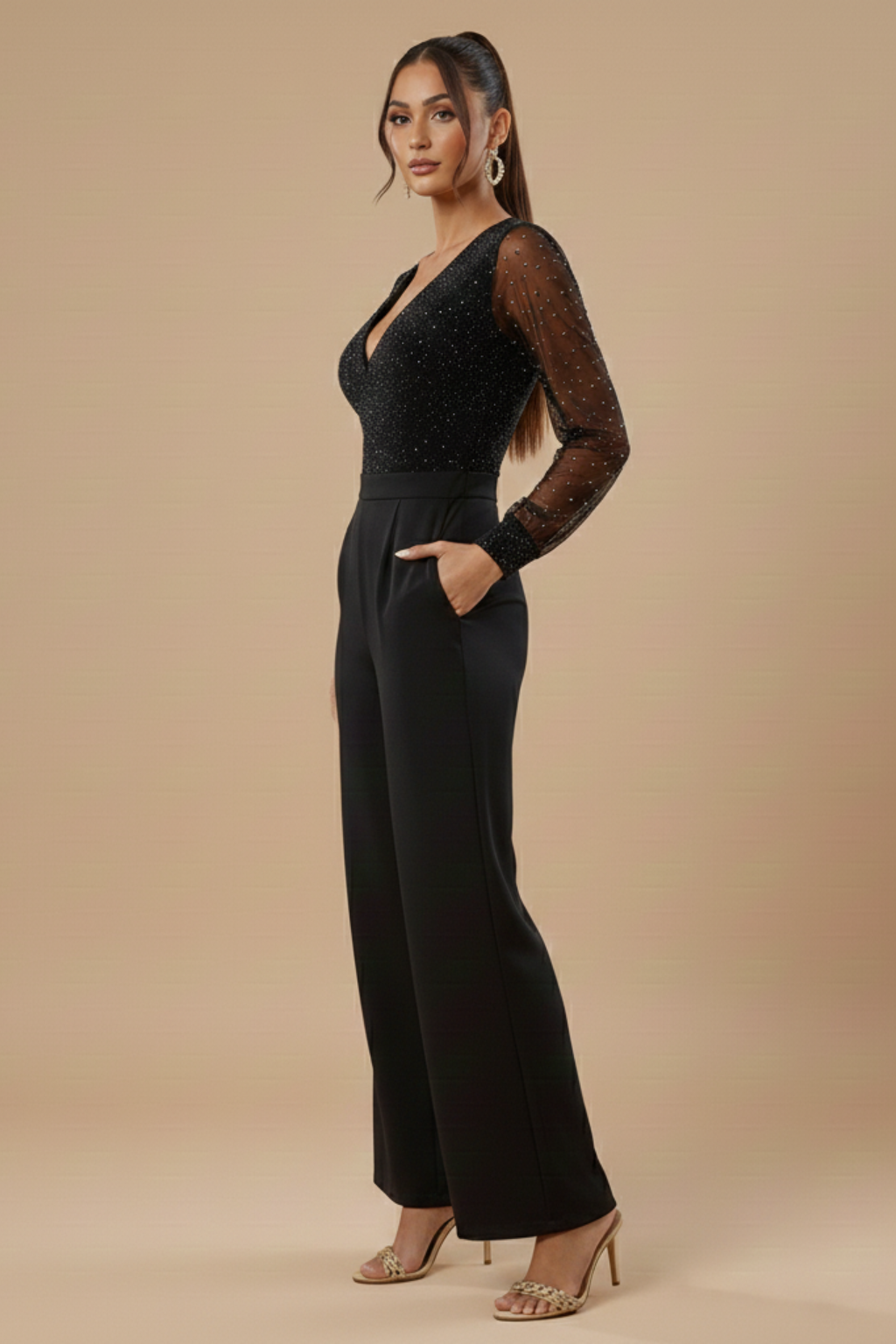 Women’s Elegant Jumpsuit - Long Sleeve V Neck Wide Leg Jumpsuit for Evening Wear