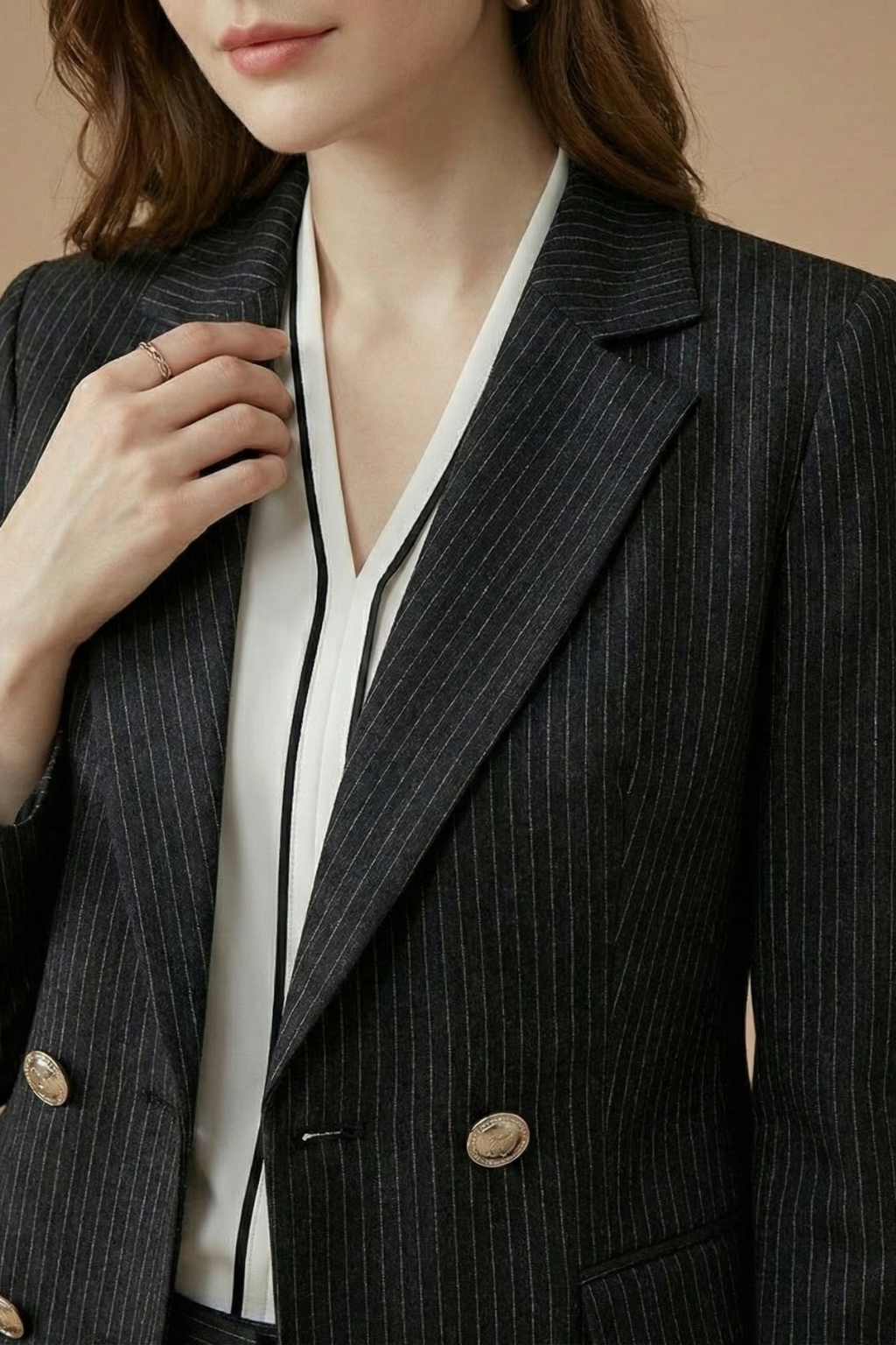 Women’s Double Breasted Textured Suit Set with Tailored Blazer and Slim Trousers Elegant Workwear Style