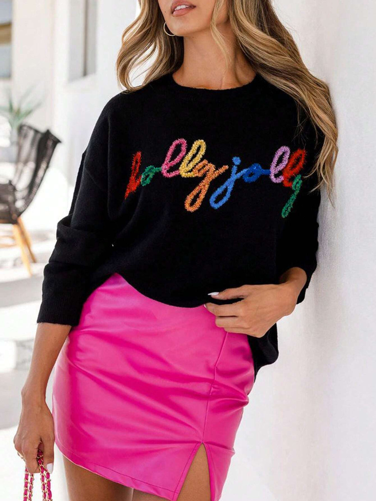 Black Rib Knit Pullover with Eyelet Embroidery and Drop Shoulder Sleeves