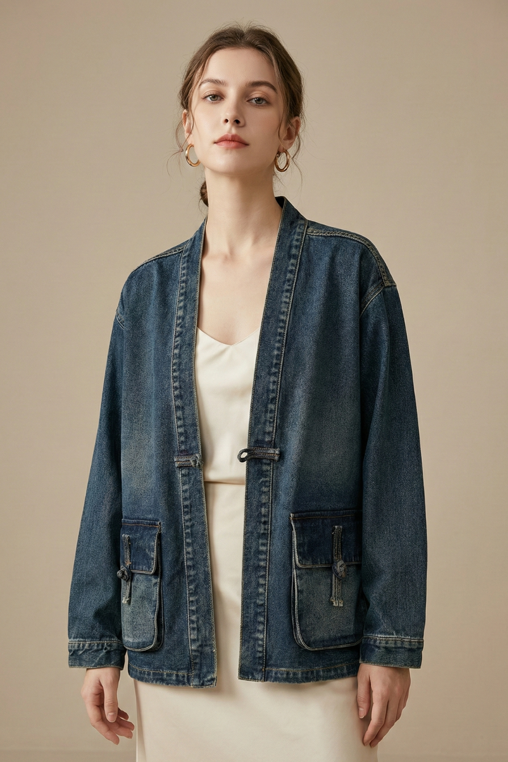 Women’s Denim Kimono Jacket with Open Front and Patch Pockets