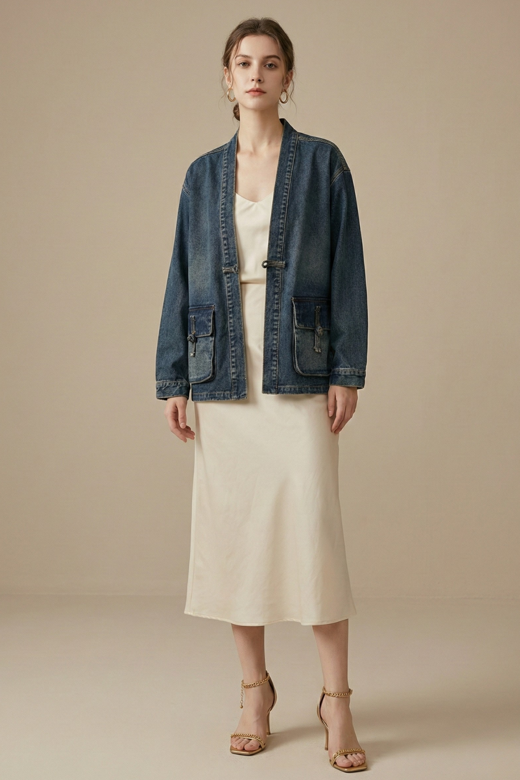 Women’s Denim Kimono Jacket with Open Front and Patch Pockets