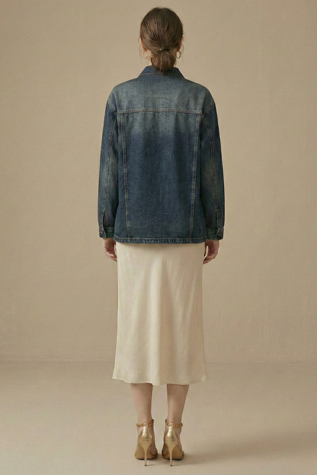 Women’s Denim Kimono Jacket with Open Front and Patch Pockets