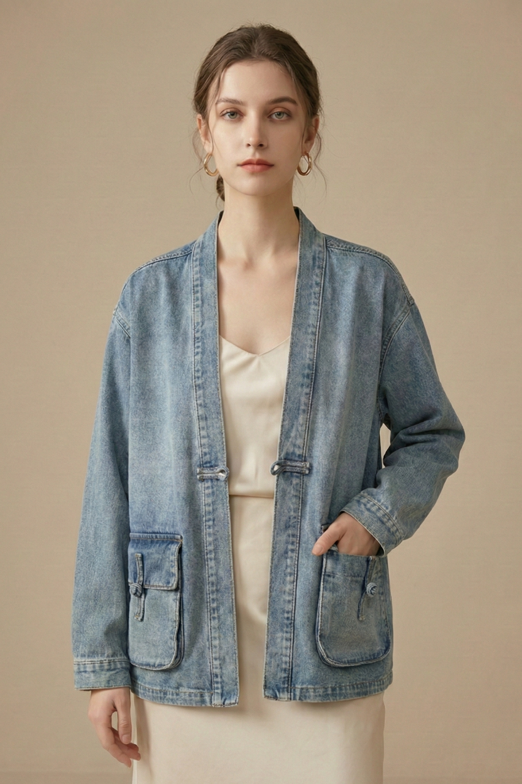 Women’s Denim Kimono Jacket with Open Front and Patch Pockets