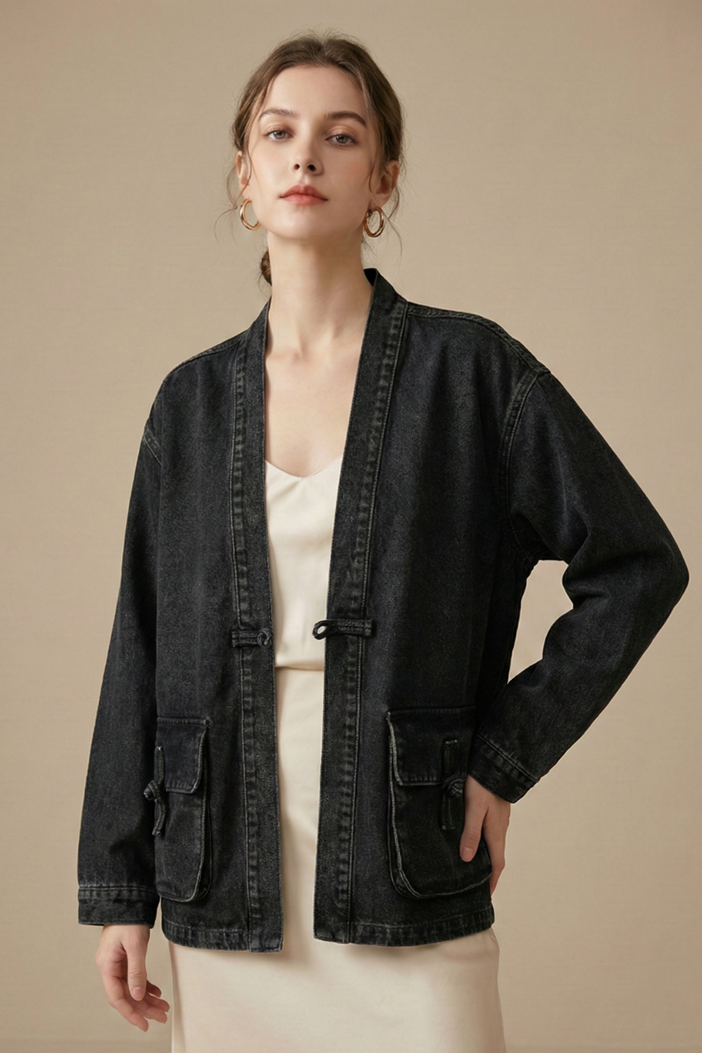 Women’s Denim Kimono Jacket with Open Front and Patch Pockets