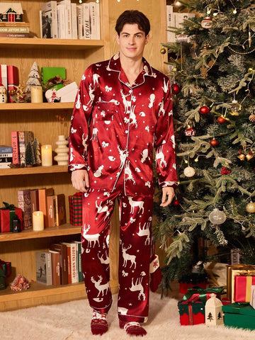 Burgundy Satin Pajama Set with Lapel Collar and Button Front Top