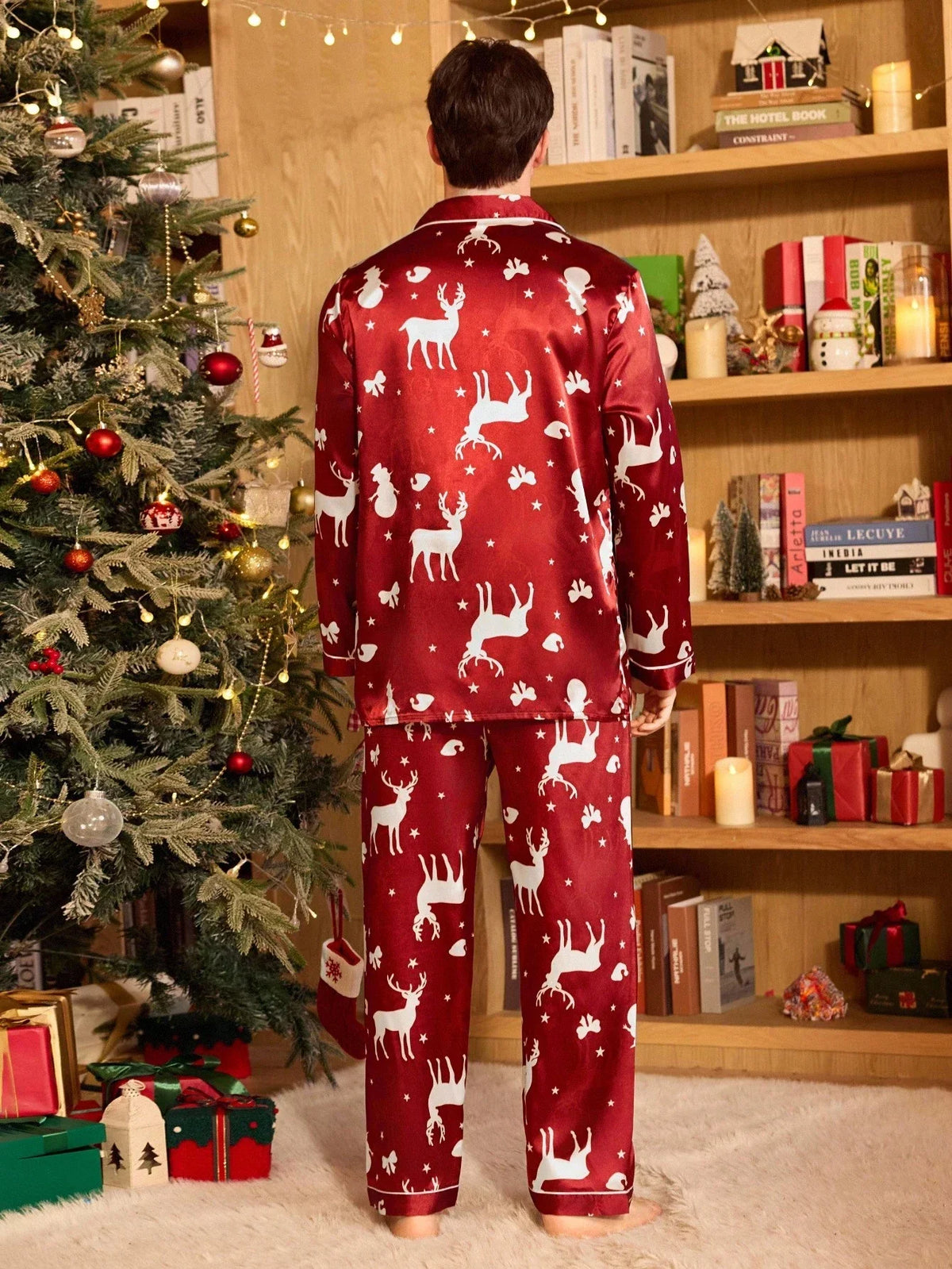 Burgundy Satin Pajama Set with Lapel Collar and Button Front Top