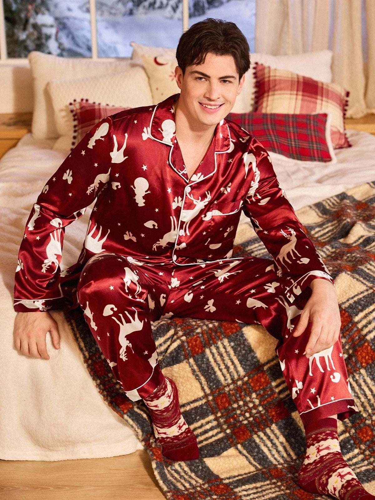 Burgundy Satin Pajama Set with Lapel Collar and Button Front Top