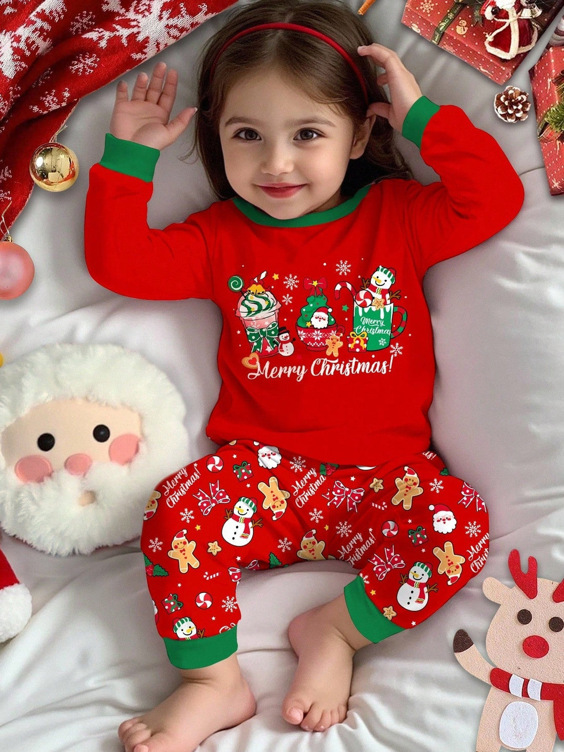 Kids Thermal Lined Pajama Set with Christmas Graphics and Contrast Piping