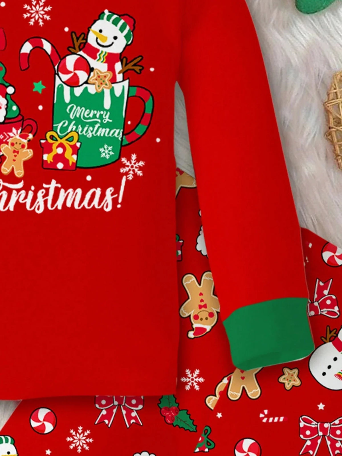 Kids Thermal Lined Pajama Set with Christmas Graphics and Contrast Piping